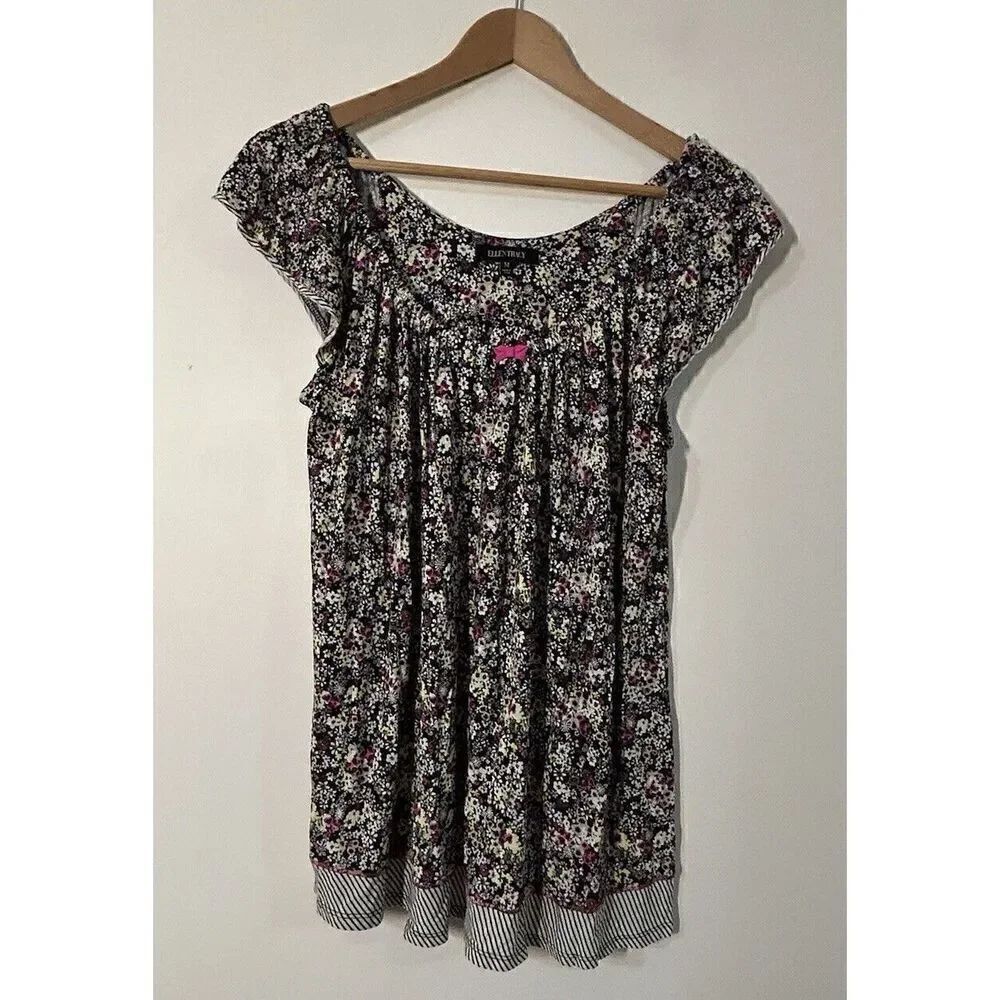 Ellen Tracy Black Pink Floral Cap Sleeve Stretch Top Shirt Tee Blouse Women's M